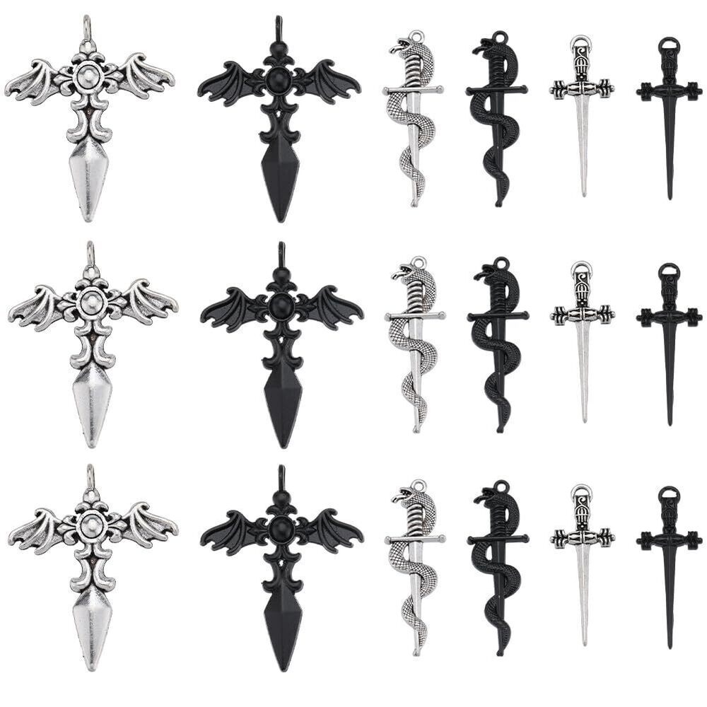 8228 1 Box 48Pcs 8 Styles Sword Charms Silver Knife Charm Vintage Alloy